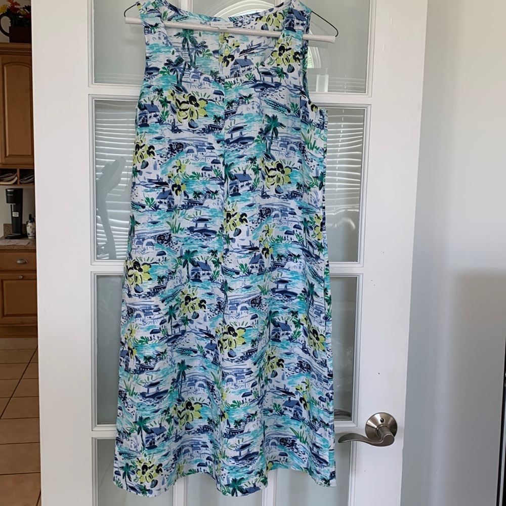 JJill 100% linen a-line dress. Blue & green print. Size XS but oversized. EUC